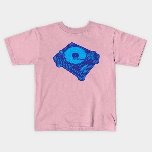 Turntable (Vivid Cerulean + Dark Blue Drop Shadow) Analog / Music Kids T-Shirt by Analog Digital Visuals
